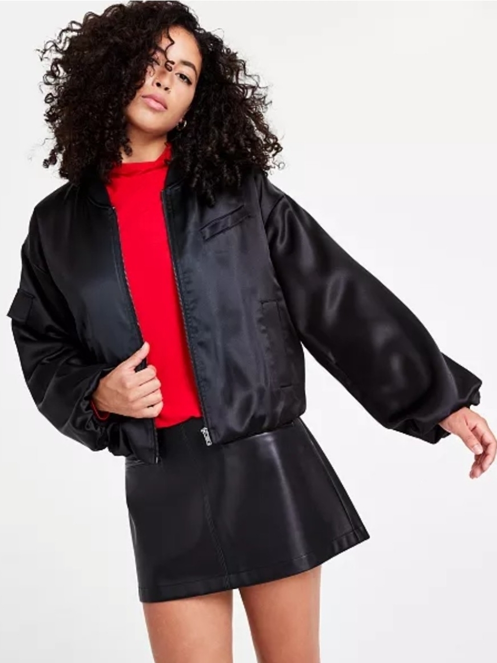 Bar III Black Satin Bomber Jacket with Red Trim